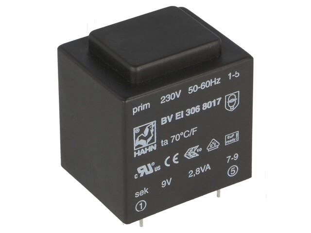 Transformator: ingegoten; 2,8VA; 230VAC; 9V; 311mA; PCB; BVEI Transformator: ingegoten; 2,8VA; 230VAC; 9V; 311mA; PCB; BVEI